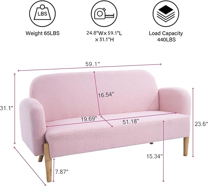 NicBex Sectional Couch Sofa with 3 Lumbar Pillows Teddy Velvet Cloud Couch for Living Room Furniture Sets with Wooden Legs, Modular Sofa for Living Room, Bedroom, Apartment,59.1" L, Pink - LeafyLoom