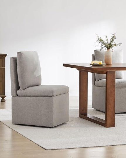 Upholstered Dining Chair with Casters Armless Modern Rolling Design for Diningroom Bedroom Livingroom Reading Room, Set of 2, Beige Gray - LeafyLoom