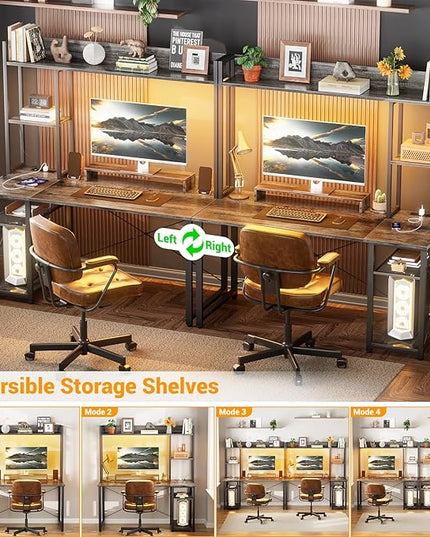 Cyclysio Gaming Desk with Hutch, 47'' Computer Desk with LED Lights & Power Outlets, Home Office Desk with Reversible 5 Tiers Storage Shelves & Monitor Stand, Small Gaming Table for Small Space, Grey - LeafyLoom
