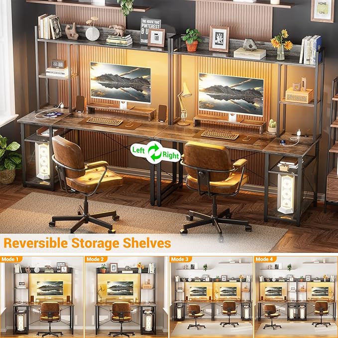 Cyclysio Gaming Desk with Hutch, 47'' Computer Desk with LED Lights & Power Outlets, Home Office Desk with Reversible 5 Tiers Storage Shelves & Monitor Stand, Small Gaming Table for Small Space, Grey - LeafyLoom