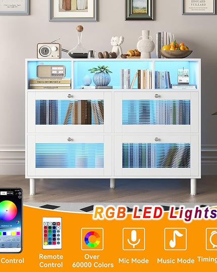 Sideboard Fluted Buffet Cabinet with Storage | 47’’ Large Kitchen Storage Cabinet with LED Light & Power Outlet, Modern Coffee Bar Cabinet Buffet Table for Living Room, Dining Room, Entryway - LeafyLoom