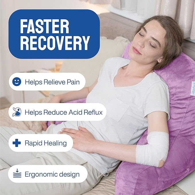 ComfortSpa Reading Pillow for Bed Adult Size, Back Rest Pillow with Arms, Pockets and Washable Cover; Use as a Back Pillow for Sitting in Bed for Bedrest or Relief from GERD Heartburn (Lavender) - LeafyLoom
