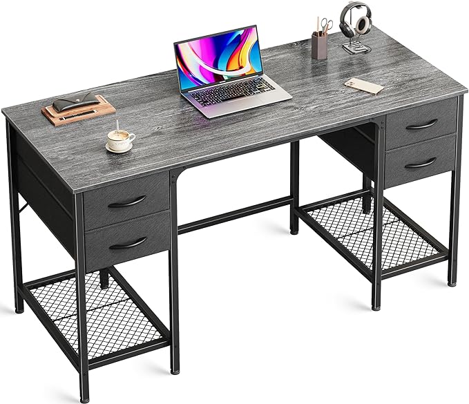47 Inch Computer Desk with 4 Drawers, Office Desk with Mesh Shelf, Gaming Desk, Large Storage, Writing Desk Work Desk for Home Office, Study, Bedroom, Work from Home, Grey - LeafyLoom