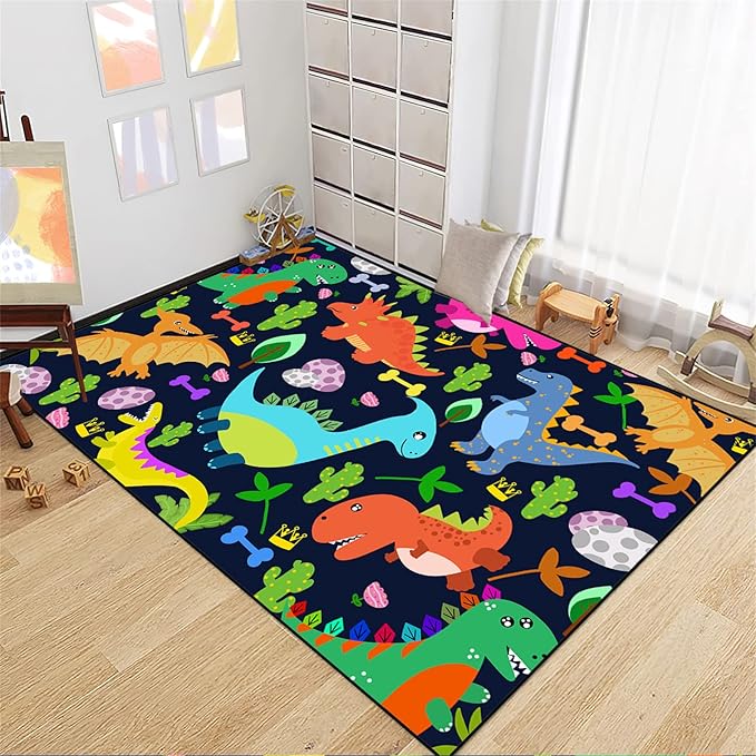 Dinosaur Rug for Boys Room Cartoon Dinosaur Area Rugs Kids Rug Dinosaur Rug Kids Play Rug Dinosaur Play Rug for Bedroom and Kidroom Playing Room,Dark Blue 4'5''×6' - LeafyLoom
