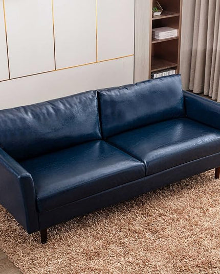 Dreamsir 80'' Faux Leather Sofa Couch, Mid-Century Modern Sofa with Solid Wooden Frame & Padded Cushions, 3-Seater Couch for Living Room, Apartment, Lounge Room (Blue) - LeafyLoom