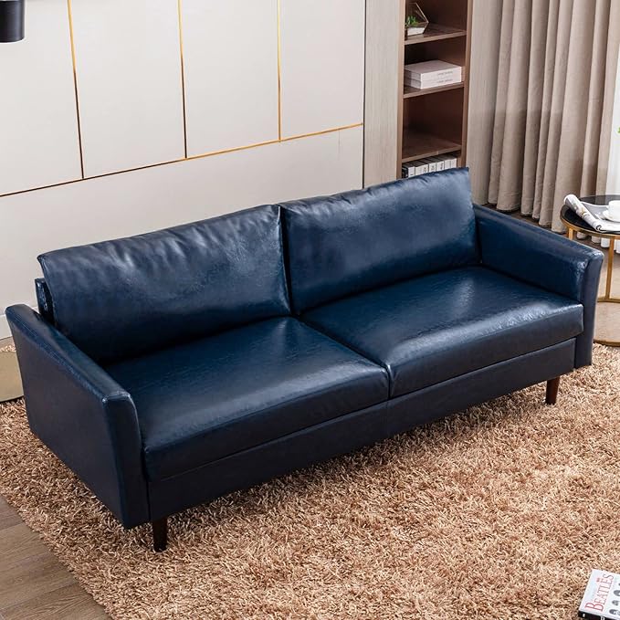 Dreamsir 80'' Faux Leather Sofa Couch, Mid-Century Modern Sofa with Solid Wooden Frame & Padded Cushions, 3-Seater Couch for Living Room, Apartment, Lounge Room (Blue) - LeafyLoom