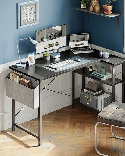 BANTI L Shaped Small Computer Desk with Storage Shelves, 40" Home Office Small Corner Desk Study Writing Table, Black - LeafyLoom