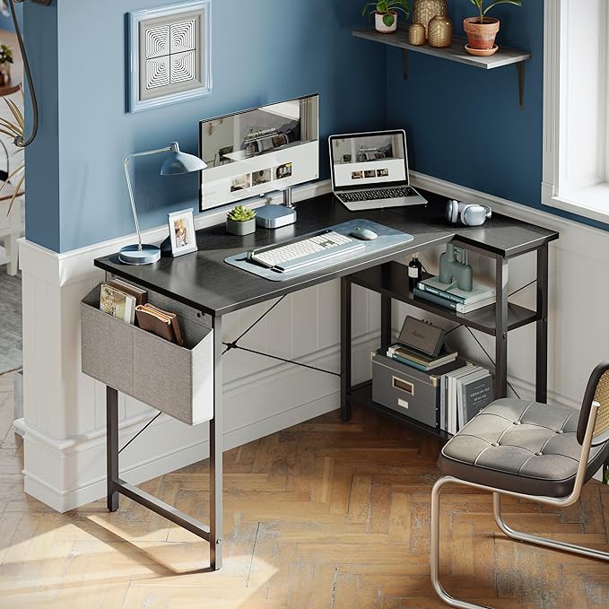 BANTI L Shaped Small Computer Desk with Storage Shelves, 40" Home Office Small Corner Desk Study Writing Table, Black - LeafyLoom