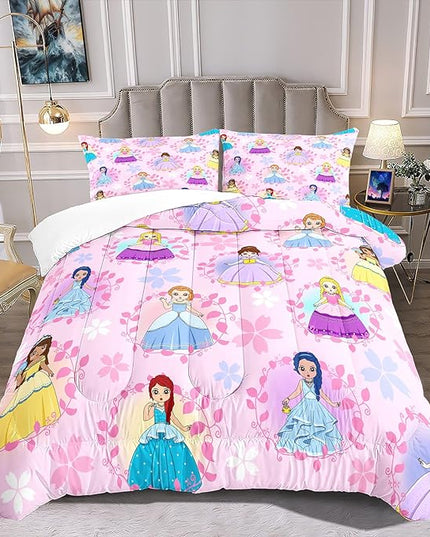 Princess Bedding Full Size Comforter Sets for Girls Bedroom Decor Pink Princess Full Quilt Set with 2 Pillowcases Cute Princess Comforter Set Girls Gifts - LeafyLoom