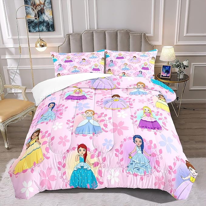 Princess Bedding Full Size Comforter Sets for Girls Bedroom Decor Pink Princess Full Quilt Set with 2 Pillowcases Cute Princess Comforter Set Girls Gifts - LeafyLoom