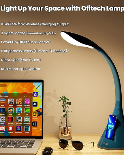 Modern Heavy Duty Bright LED Desk Lamp for Home Office, Wireless Charging, Touch Table Lamp, Adjustable Neck & Height, 5 Brightness Level, 3 Light Temps, 56 LEDs & 4 Years Lifespan (Gray) - LeafyLoom