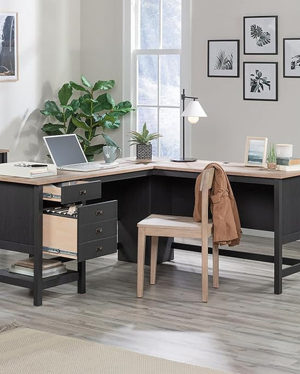 Sauder Cottage Road L-Desk, L: 65.12" x W: 58.66" x H: 29.76", Raven Oak Finish - LeafyLoom