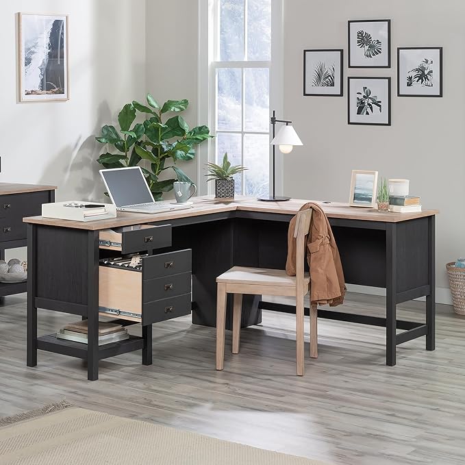 Sauder Cottage Road L-Desk, L: 65.12" x W: 58.66" x H: 29.76", Raven Oak Finish - LeafyLoom