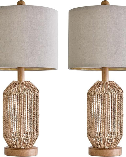 OYEARS 21" Boho Table Lamps Set of 2 for Living Room, Bedside Lamps for Nightstand, Rattan Lamp for Bedroom, Farmhouse Table Lamps for Boho Decor, End Table, Retro, Brown - LeafyLoom