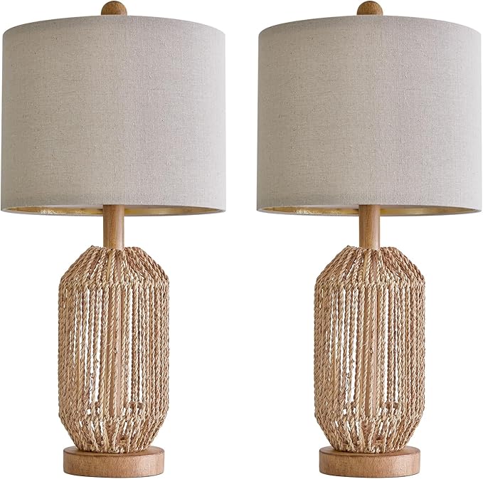 OYEARS 21" Boho Table Lamps Set of 2 for Living Room, Bedside Lamps for Nightstand, Rattan Lamp for Bedroom, Farmhouse Table Lamps for Boho Decor, End Table, Retro, Brown - LeafyLoom