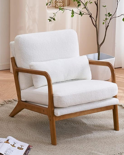 Bonnlo Teddy Fleece White Accent Chairs Set of 2, Upholstered Mid Century Modern Lounge Chairs Reading Chairs Side Sitting Chair Solid Wood Farmhouse Armchairs for Living Room, Bedroom, Guest Room - LeafyLoom