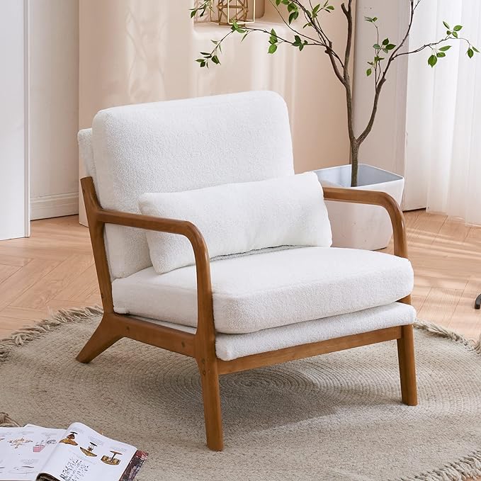 Bonnlo Teddy Fleece White Accent Chairs Set of 2, Upholstered Mid Century Modern Lounge Chairs Reading Chairs Side Sitting Chair Solid Wood Farmhouse Armchairs for Living Room, Bedroom, Guest Room - LeafyLoom