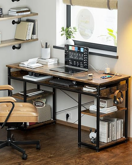 AODK 48 Inch Small Computer Desk with Power Outlets & Type-C, Writing Desk with Storage Shelves Headphone Hook, Student Laptop PC Desks for Small Spaces Home Office, Vintage - LeafyLoom
