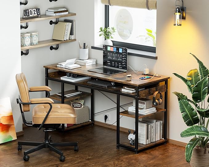AODK 48 Inch Small Computer Desk with Power Outlets & Type-C, Writing Desk with Storage Shelves Headphone Hook, Student Laptop PC Desks for Small Spaces Home Office, Vintage - LeafyLoom