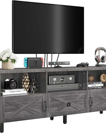 YITAHOME Mid-Century TV Stand for 70/65/60/55 inch, Boho Wood TV Table Farmhouse Media Console with Storage Cabinet and Open Shelves for Living Room, Bedroom, 65 inch, Grey - LeafyLoom