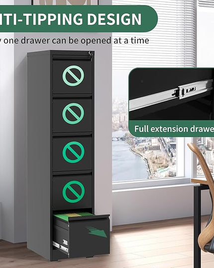 5 Drawer Vertical File Cabinet, Metal File Cabinets with Lock for Home Office, Heavy Duty Office Steel Filing Cabinet for Hanging Files for A4/ Legal/Letter,Assembly Required (Black) - LeafyLoom