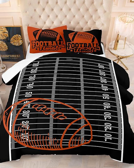Tailor Shop Sports Football Comforter Set for Boys Kids Teens ，Football Bedding Sets Full Size Black Rugby Theme Bedding Set with 2 Comforter 2 Pillowcases - LeafyLoom
