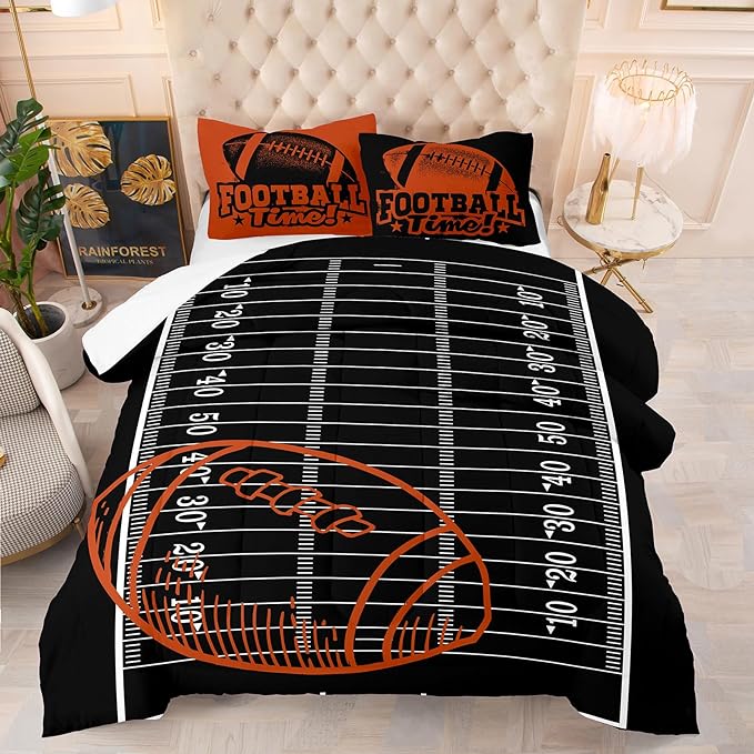 Tailor Shop Sports Football Comforter Set for Boys Kids Teens ，Football Bedding Sets King Size Black Rugby Theme Bedding Set with 2 Comforter 2 Pillowcases - LeafyLoom