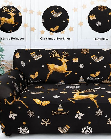 Mybedsoul Christmas Printed Black Sofa Cover Reindeer Printed Elastic Couch Cover Machine Washable Christmas Theme Red Sofa Slipcover for Living Room(2 Seater/Loveseat) Mybedsoul