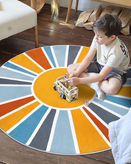 Topotdor Sun Rainbow Round Rug 4ft Boho Kids Nursery Rug, Colorful Washable Area Rug Ultra Soft Circle Classroom Rug Non-Slip for Bedroom Living Room Playroom Decor, Blue - LeafyLoom