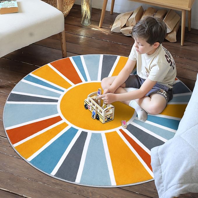 Topotdor Sun Rainbow Round Rug 4ft Boho Kids Nursery Rug, Colorful Washable Area Rug Ultra Soft Circle Classroom Rug Non-Slip for Bedroom Living Room Playroom Decor, Blue - LeafyLoom