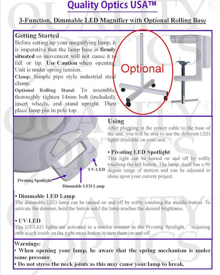 Quality Optics® 8D/5D 4 Function 90 LED Lighted, Swing Arm Workstation Magnifier w/UV Black Light & Stand - LeafyLoom