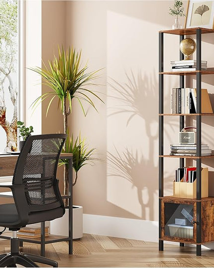 TUTOTAK 6 Tier Bookcase and Bookshelf, Narrow Book shelf with Door for Small Space, for Living Room, Office, Study, Entryway, Brown BS03BB006 - LeafyLoom