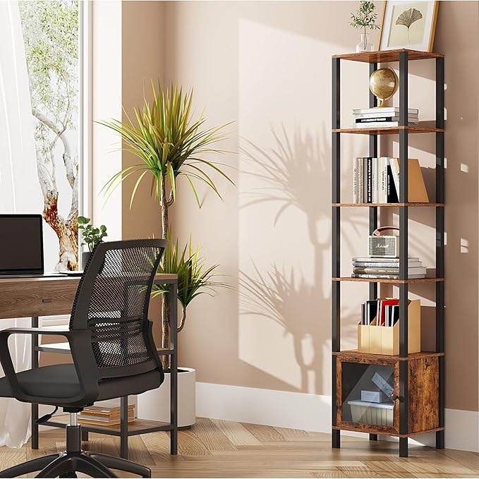 TUTOTAK 6 Tier Bookcase and Bookshelf, Narrow Book shelf with Door for Small Space, for Living Room, Office, Study, Entryway, Brown BS03BB006 - LeafyLoom