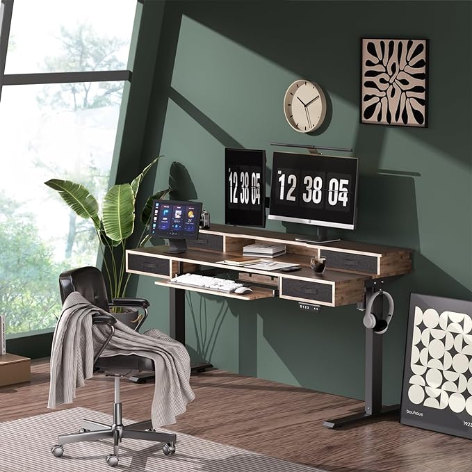 Electric Standing Desk, Multifunctional Standing Desk Adjustable Height, 55 * 24 Standing Desk with 4 Drawers, Ergonomic Adjustable Standing Desk with Keyboard Tray, Rustic Brown - LeafyLoom