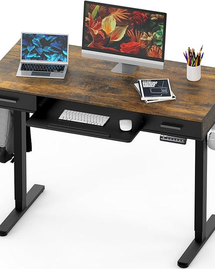 SHW 48-Inch Electric Height Adjustable Desk with Keyboard Tray and Two Drawers, Rustic Brown - LeafyLoom
