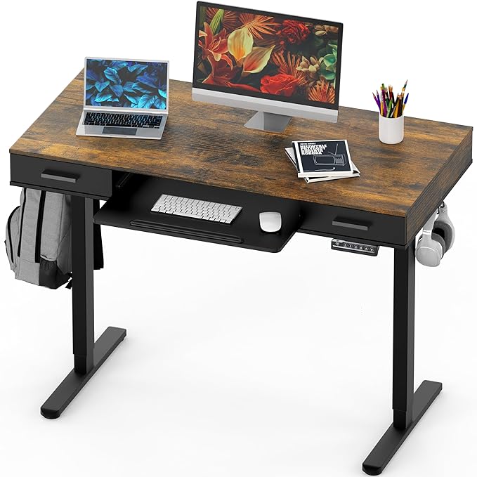 SHW 48-Inch Electric Height Adjustable Desk with Keyboard Tray and Two Drawers, Rustic Brown - LeafyLoom