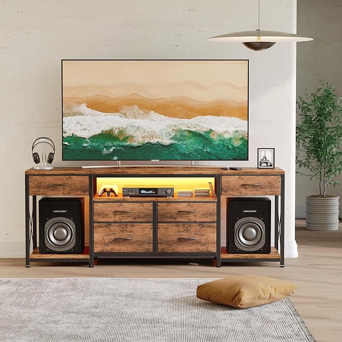 LED TV Stand with Power Outlet and 6 Fabric Drawers for 55 60 65 Inch TVs, Entertainment Center with Media Console and Open Storage Shelves, Dresser TV Stand for Bedroom/Living Room,Brown - LeafyLoom
