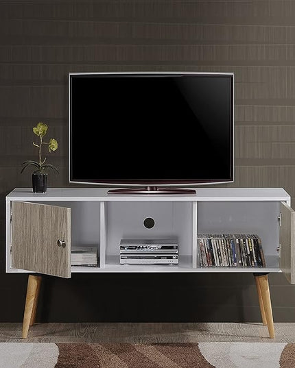 Hodedah Retro Style TV Stand with Two Storage Doors, and Solid Wood Legs, White - LeafyLoom