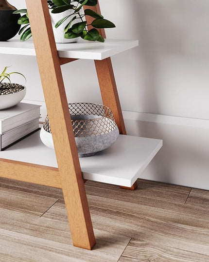Nathan James 62201 Carlie 5-Shelf Ladder Bookcase, Display or Decorative Storage Rack with White and Rove Brown Wooden Ladder Shelves - LeafyLoom