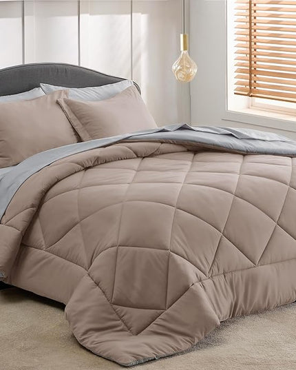 Bedsure Taupe King Size Comforter Set - 7 Pieces Reversible King Bed in a Bag King Bed Set with Comforters, Sheets, Pillowcases & Shams, King Bedding Sets - LeafyLoom