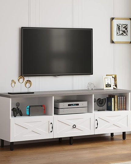 YITAHOME Mid-Century Modern TV Stand for 70/65/60/55 inch, Boho Wood TV Table Farmhouse Media Console with Storage Cabinet and Open Shelves for Living Room, Bedroom, 65 inch, White/Grey - LeafyLoom