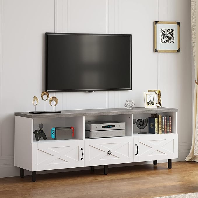 YITAHOME Mid-Century Modern TV Stand for 70/65/60/55 inch, Boho Wood TV Table Farmhouse Media Console with Storage Cabinet and Open Shelves for Living Room, Bedroom, 65 inch, White/Grey - LeafyLoom
