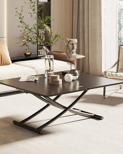 Multifunctional Lift Top Coffee Table Convertible to Folding Dining Table Space Saving Adjustable Height Rectangular Modern Coffee Table Wooden Top with Metal Legs, Black - LeafyLoom
