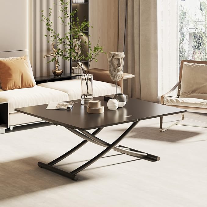 Multifunctional Lift Top Coffee Table Convertible to Folding Dining Table Space Saving Adjustable Height Rectangular Modern Coffee Table Wooden Top with Metal Legs, Black - LeafyLoom