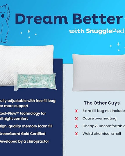 Snuggle-Pedic Adjustable Cooling Pillow - Shredded Memory Foam Pillows for Side, Stomach & Back Sleepers - Fluffy or Firm - Keeps Shape - College Dorm Room Essentials for Girls and Guys - King - LeafyLoom