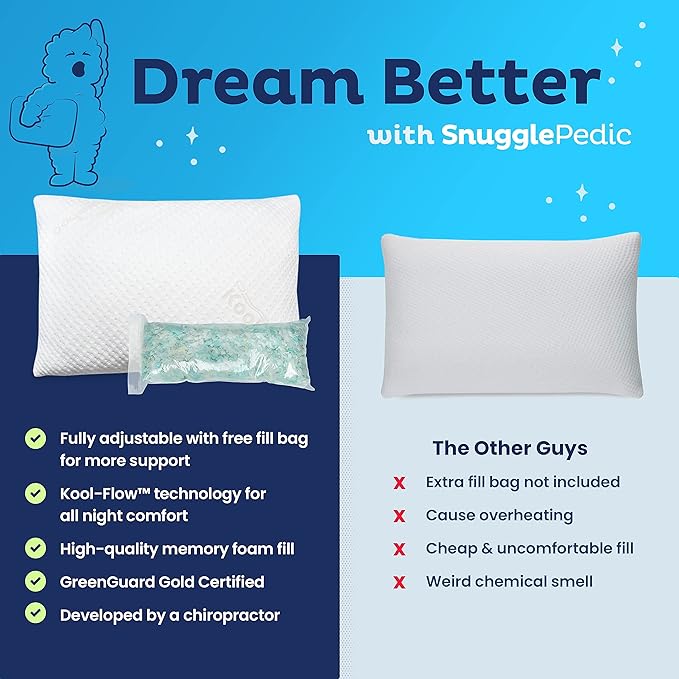 Snuggle-Pedic Adjustable Cooling Pillow - Shredded Memory Foam Pillows for Side, Stomach & Back Sleepers - Fluffy or Firm - Keeps Shape - College Dorm Room Essentials for Girls and Guys - King - LeafyLoom