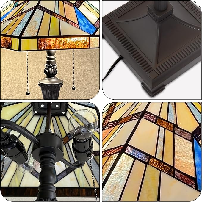 Capulina Tiffany Style Floor Lamp 2-Light 16x16x63 Inch Cream Amber Antique Mission Style Stained Glass Standing Light for Living Room Bedroom Home Office - LeafyLoom