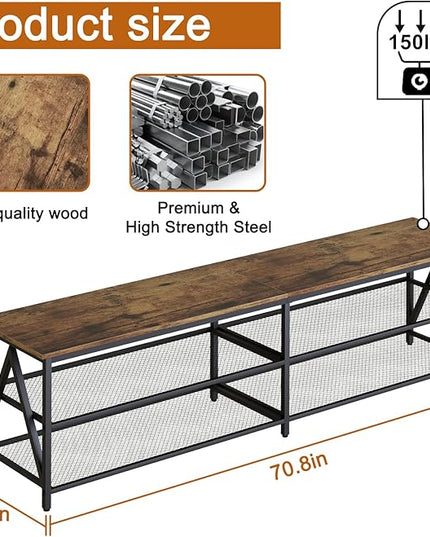 TV Stand for TV up to 75 Inch, Long 70" TV Cabinet with 3-Tier Storage Shelves,Entertainment Center TV Console Table for Living Room with Industrial TV Metal Frame, Rustic Brown - LeafyLoom