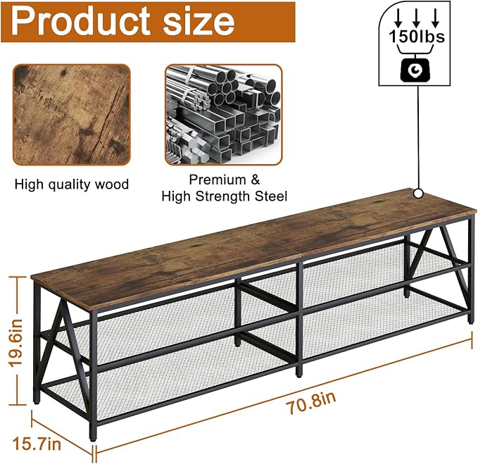 TV Stand for TV up to 75 Inch, Long 70" TV Cabinet with 3-Tier Storage Shelves,Entertainment Center TV Console Table for Living Room with Industrial TV Metal Frame, Rustic Brown - LeafyLoom