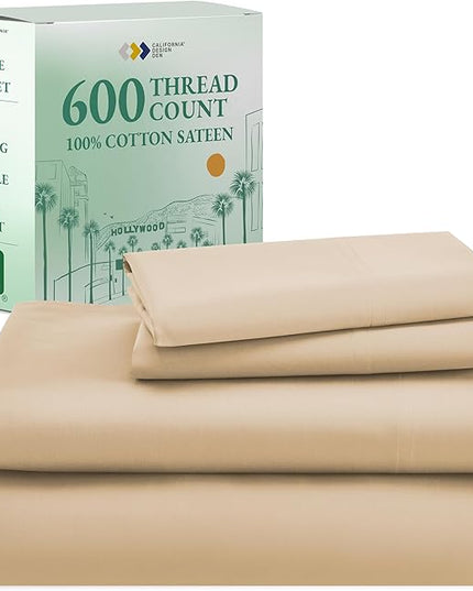 California Design Den Twin Bed Sheets 100% Cotton Sateen, 600 Thread Count, Soft, Cooling Beige Twin Sheet Set, Hotel-Quality Bedding Sheets & Pillowcases - Beige - LeafyLoom